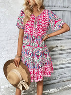 Printed Tie Neck Short Sleeve Dress - TNT Dress Co.