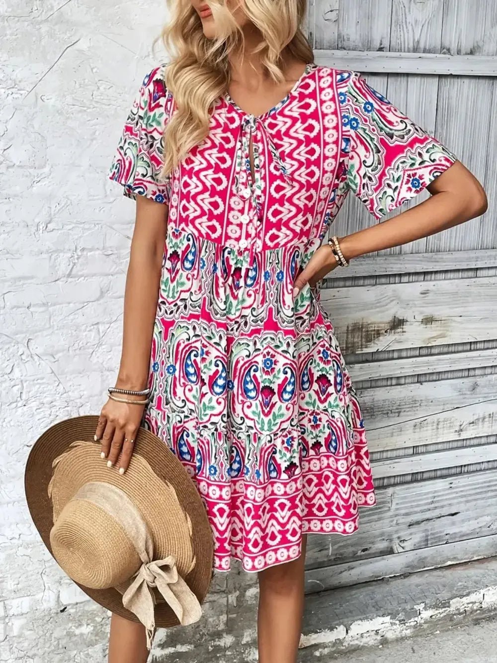 Printed Tie Neck Short Sleeve Dress - TNT Dress Co.