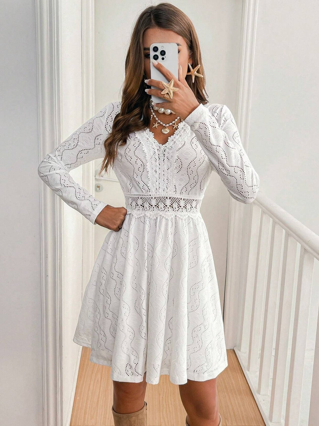 V-Neck Long Sleeve Mini Dress with Lace Detail - TNT Trends 