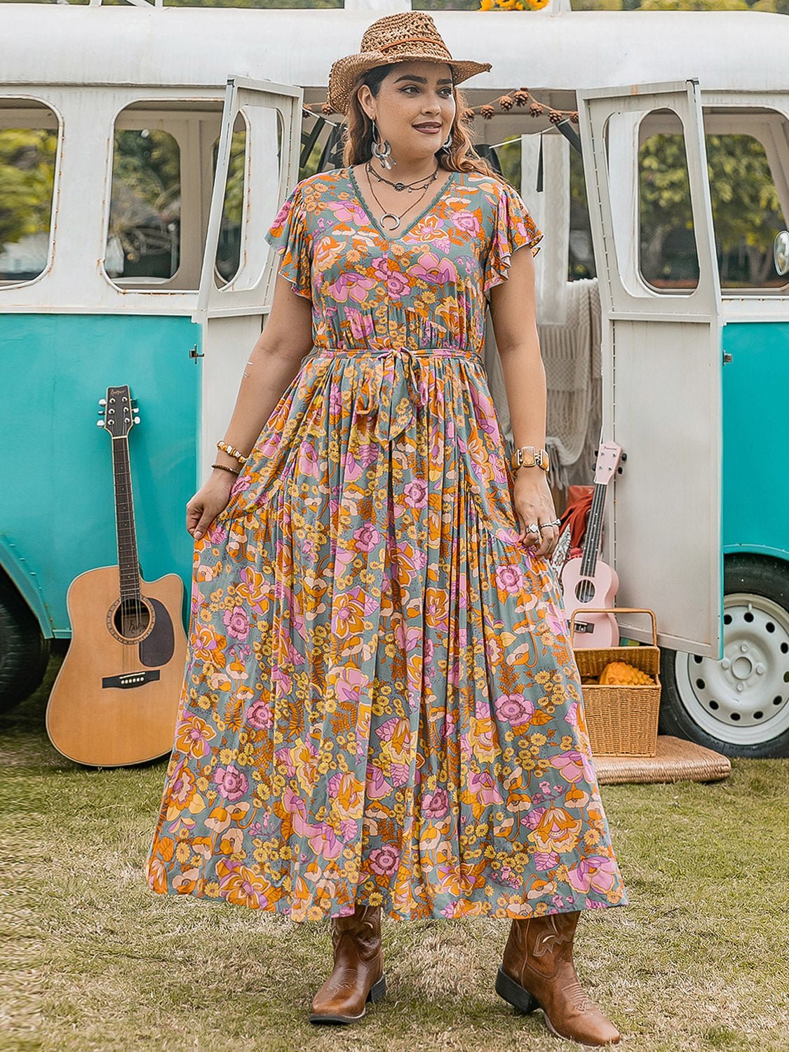 Plus Size Ruffled Cap Sleeve Printed Dress - TNT Dress Co.