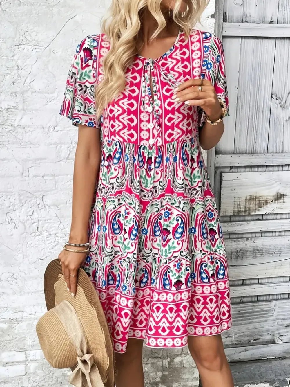 Printed Tie Neck Short Sleeve Dress - TNT Dress Co.
