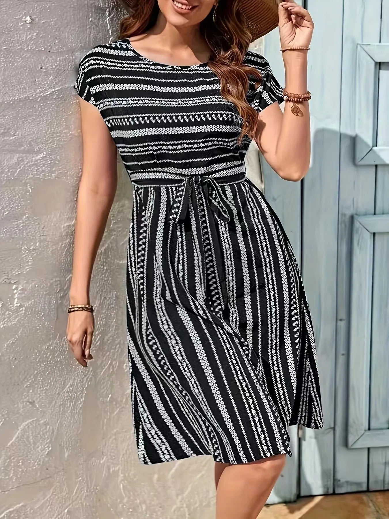 Striped Round Neck Short Sleeve Casual Dress - TNT Dress Co.