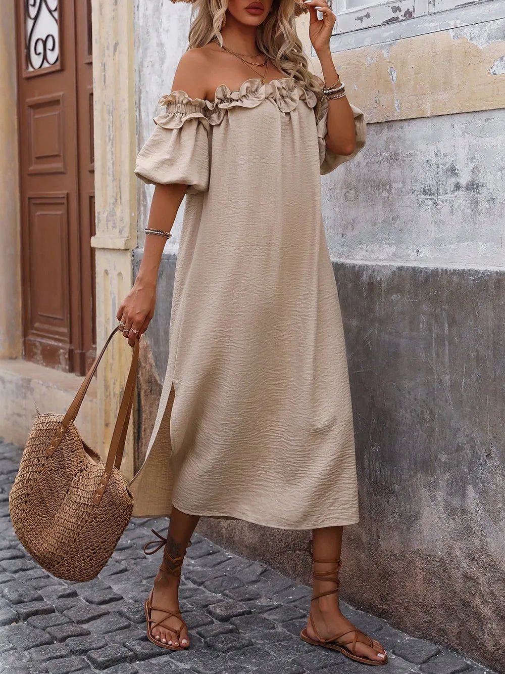 Ruffled Off - Shoulder Puff Sleeve Midi Dress - TNT Dress Co.