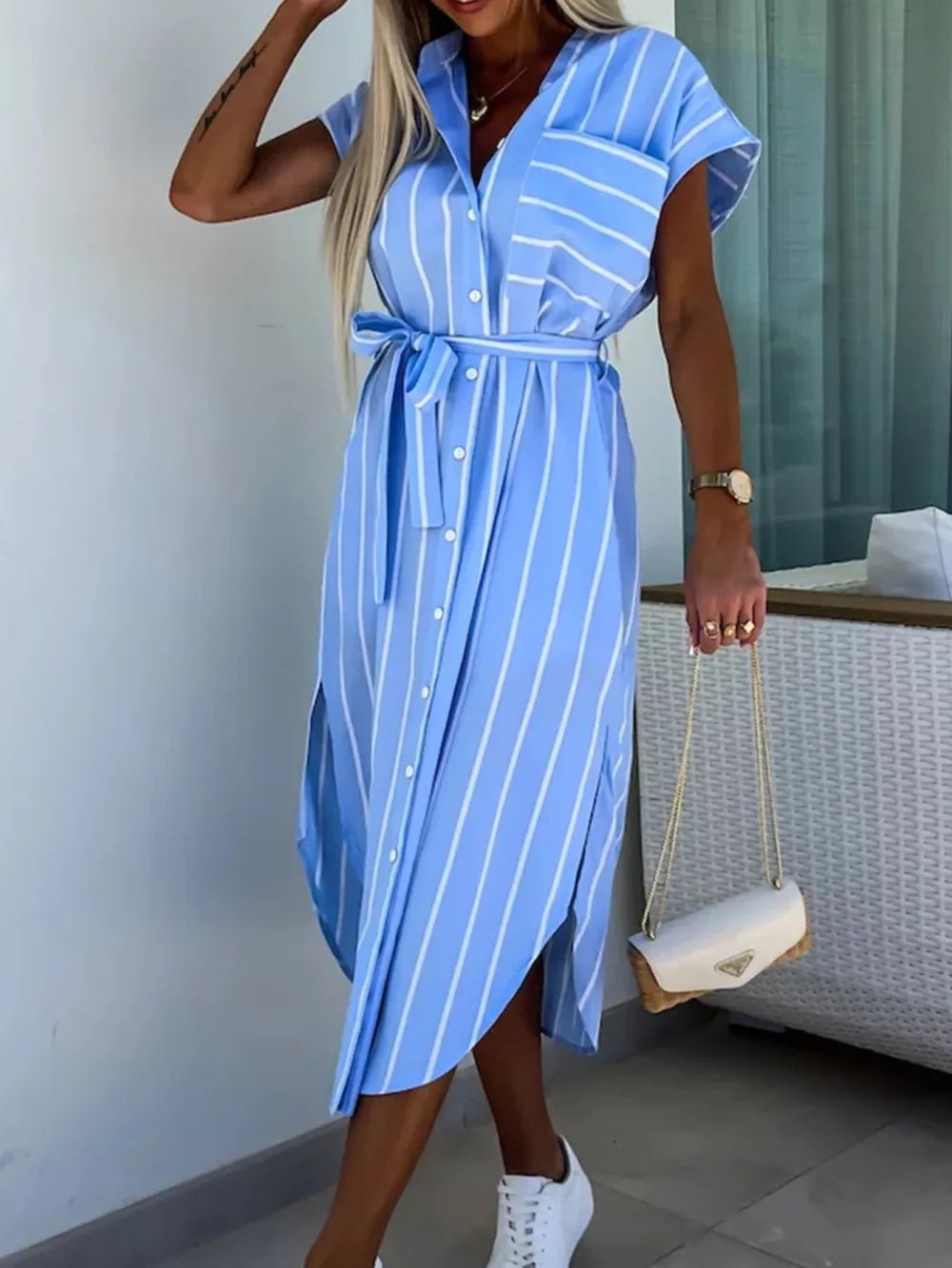 Striped Tie Waist Short Sleeve Dress - TNT Dress Co.