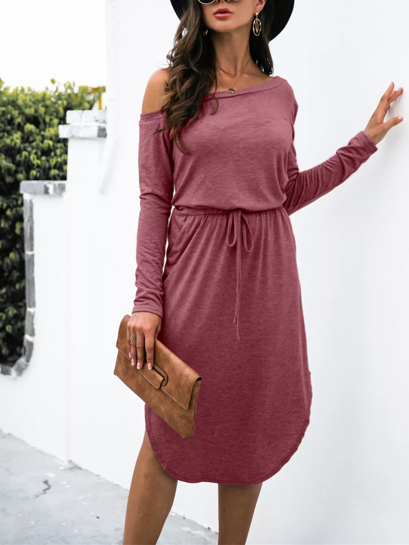 One - Shoulder Long Sleeve Midi Dress with Drawstring Waist - The Nicole - Tayan Dress Co.