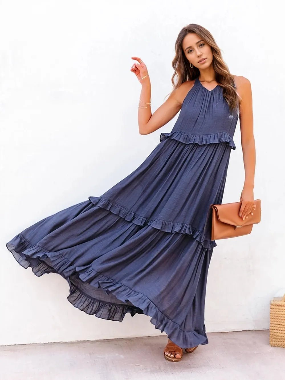 Ruffled Sleeveless Tiered Maxi Dress with Pockets - TNT Dress Co.