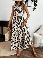 Printed Tie Waist Sleeveless Maxi Dress - TNT Dress Co.