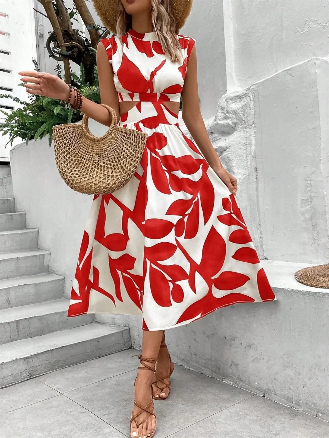 Cutout Printed Cap Sleeve Midi Dress - TNT Dress Co.