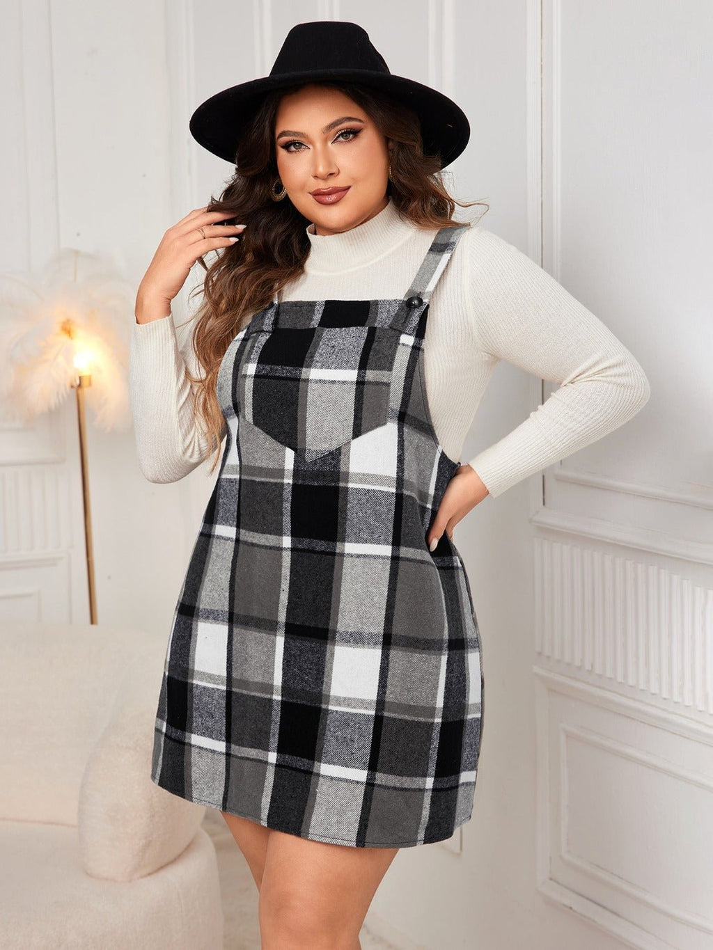 Plus Size Honey Plaid Wide Strap Overall Dress - TNT Dress Co.