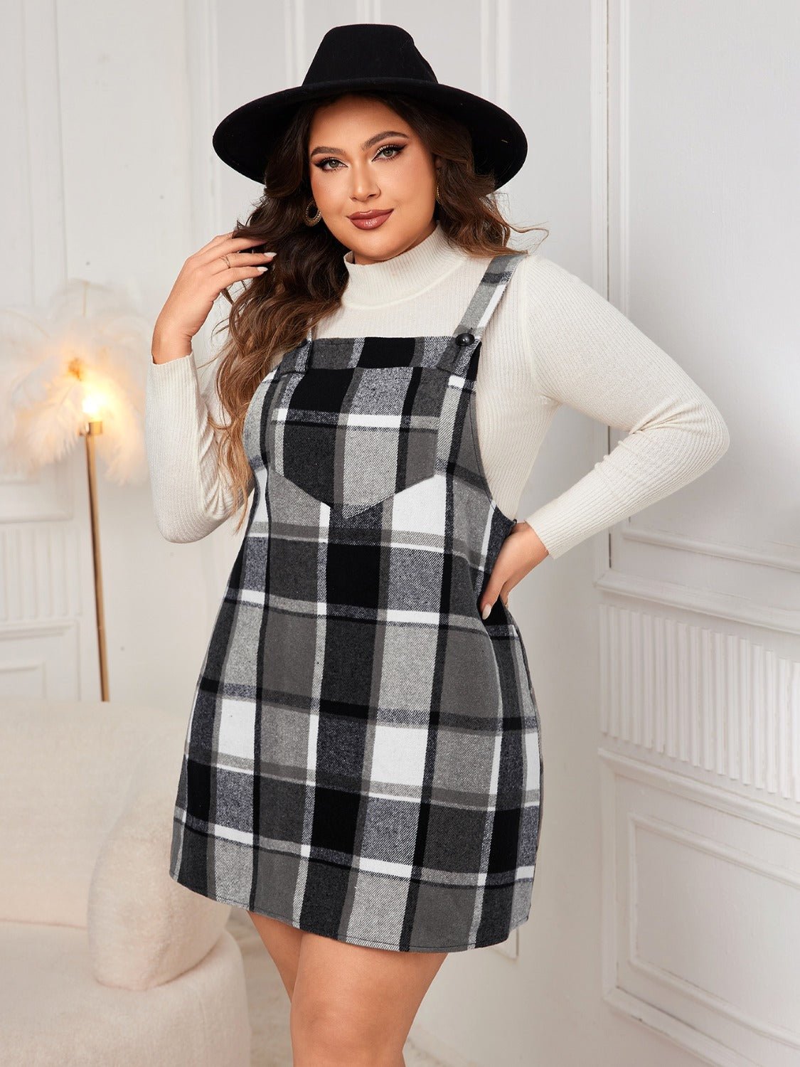 Plus Size Honey Plaid Wide Strap Overall Dress - TNT Dress Co.