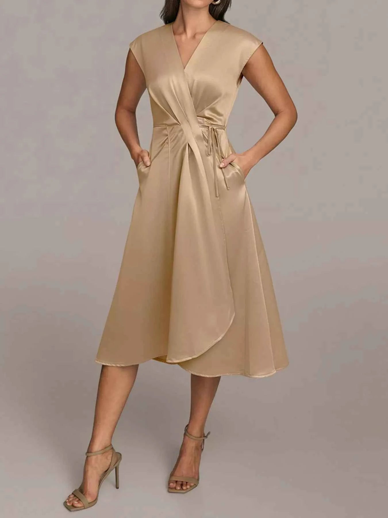 Satin Wrap Midi Dress with Pockets