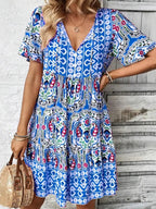Printed Tie Neck Short Sleeve Dress - TNT Dress Co.