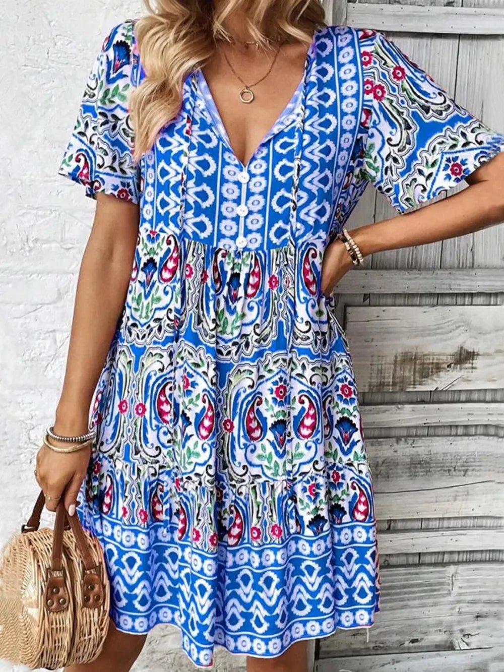 Printed Tie Neck Short Sleeve Dress - TNT Dress Co.