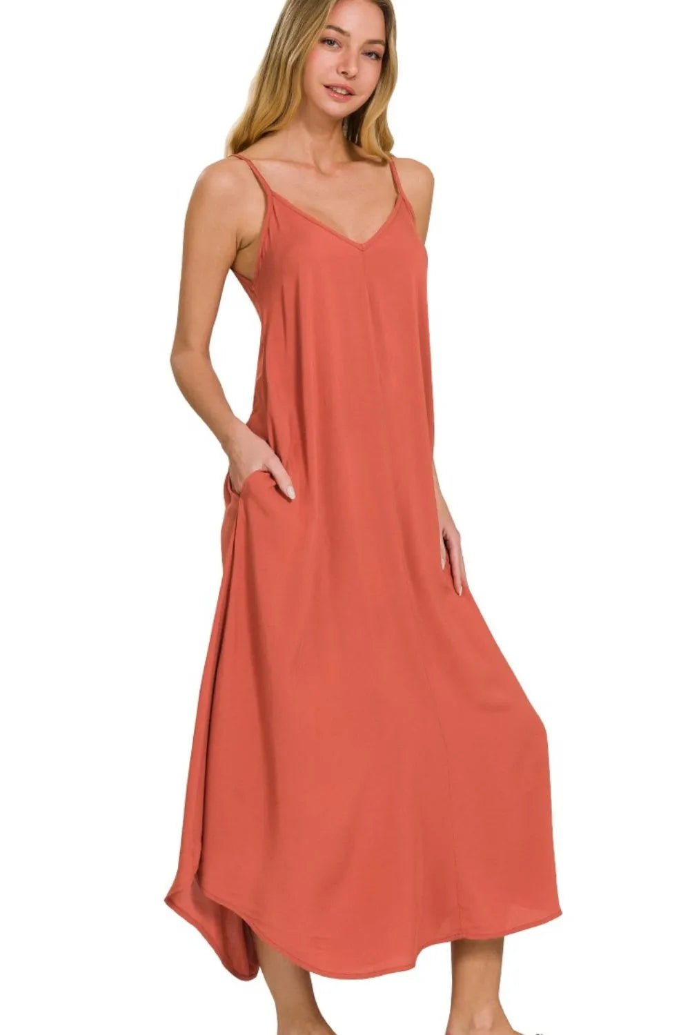 Zenana Woven Arc Hem Cami Midi Dress With Flowy Pockets - TNT Dress Co.