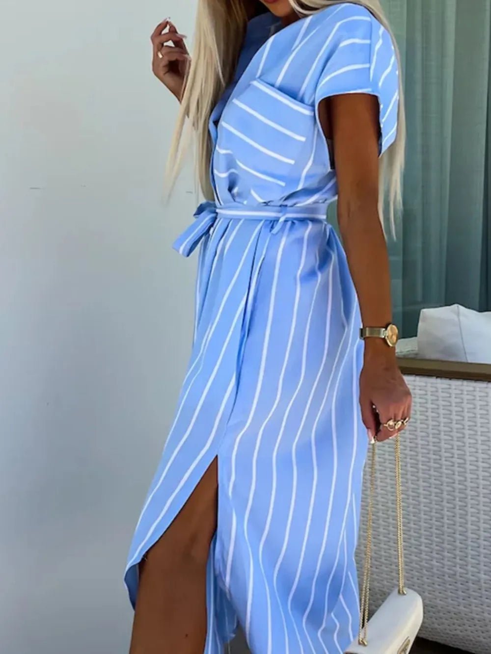 Striped Tie Waist Short Sleeve Dress - TNT Dress Co.