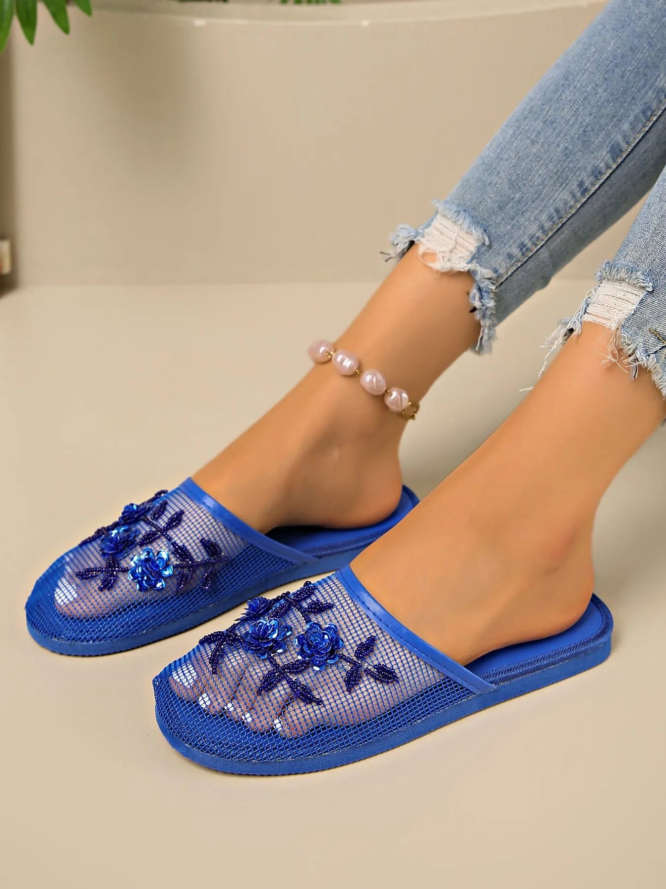 Mesh Floral Embroidered Slide Sandals - The Nicole - Tayan Dress Co.