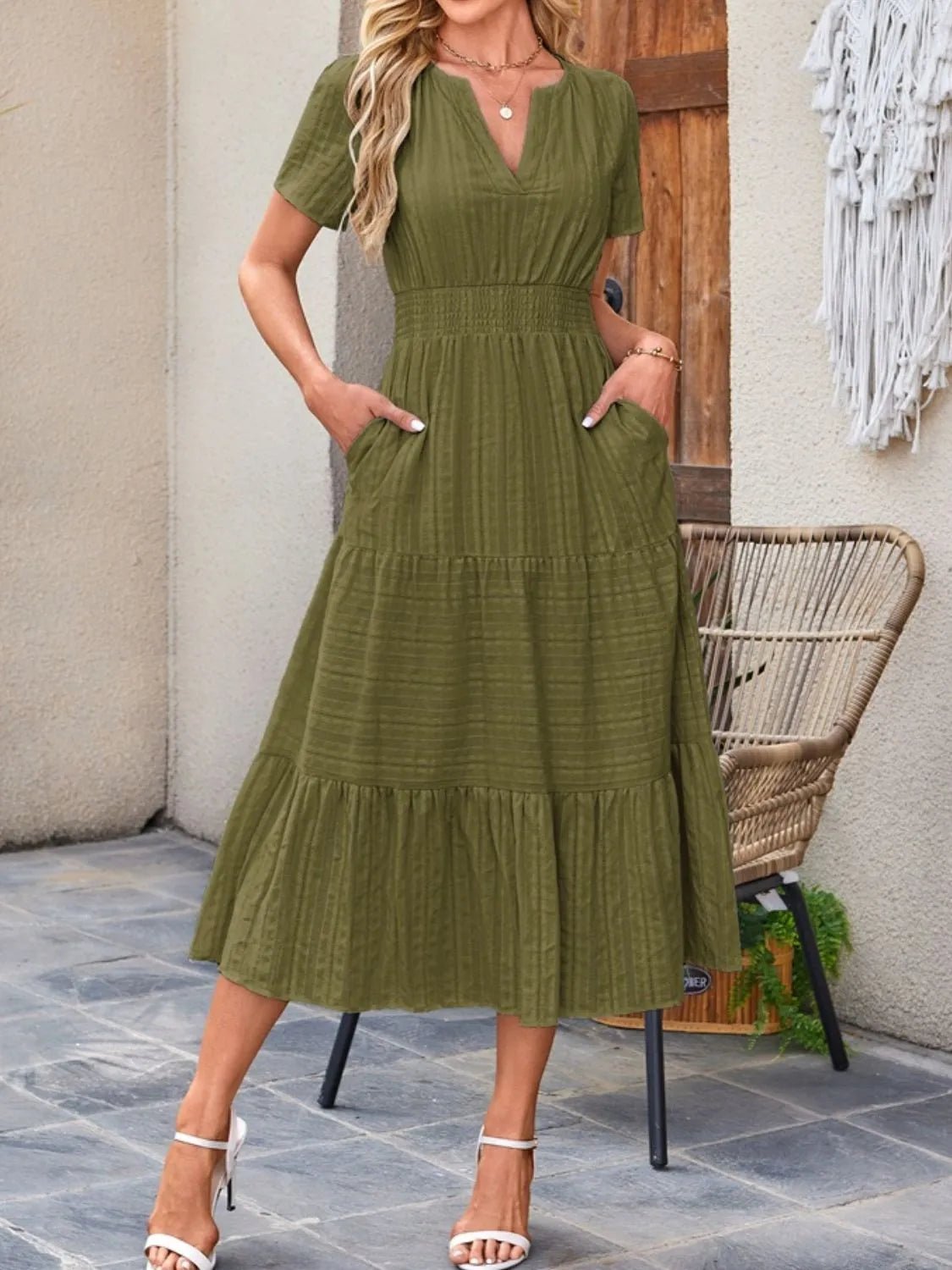 Tiered Notched Short Sleeve Dress - TNT Dress Co.
