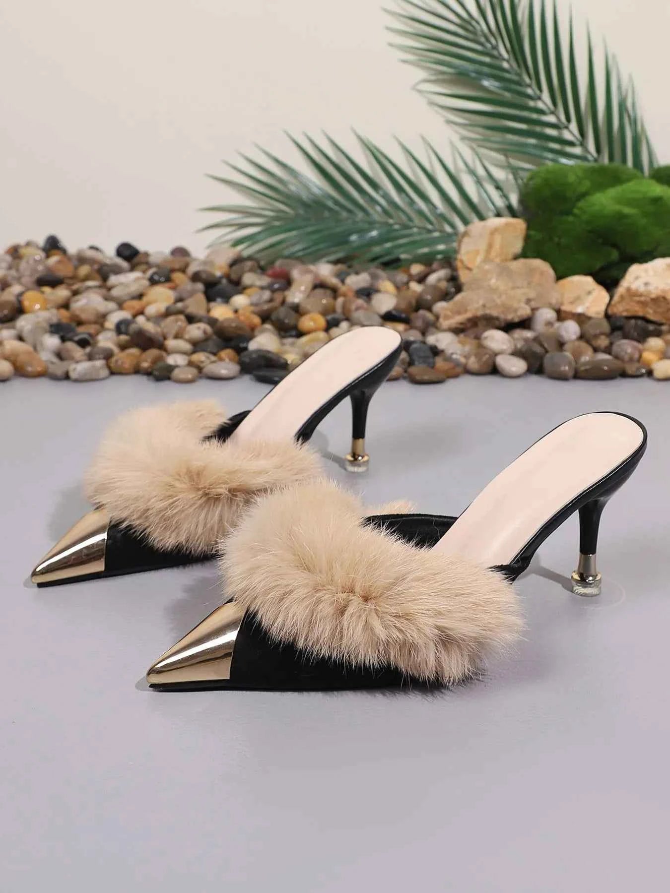 Fur-Trimmed Heel Sandals