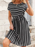 Striped Round Neck Short Sleeve Casual Dress - TNT Dress Co.