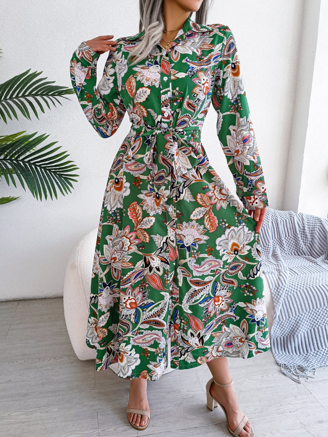 Printed Long Sleeve Midi Dress with Tied Detail - TNT Dress Co.