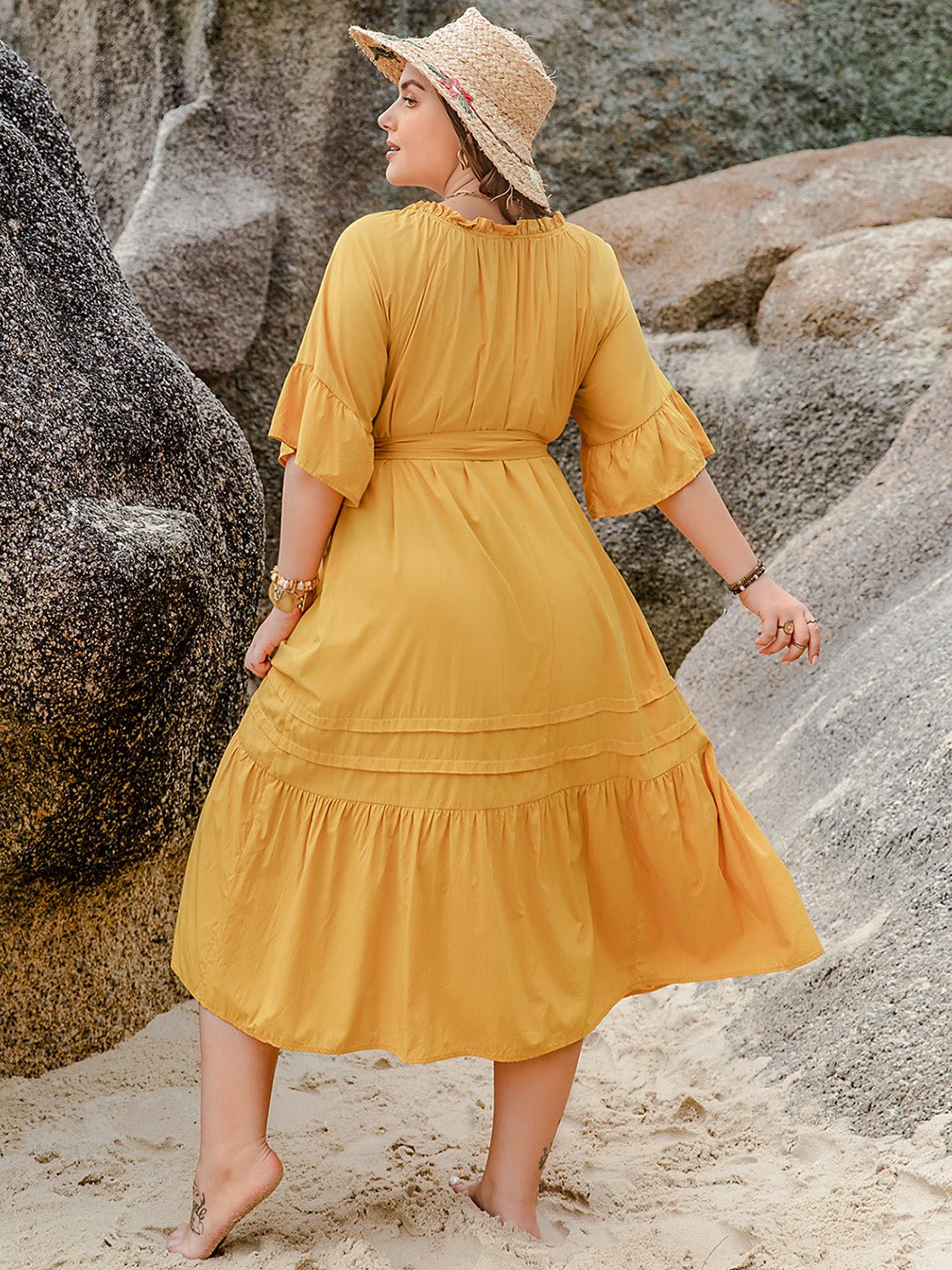 Plus Size Notched Tie Waist Midi Dress with Half Sleeves - TNT Dress Co.