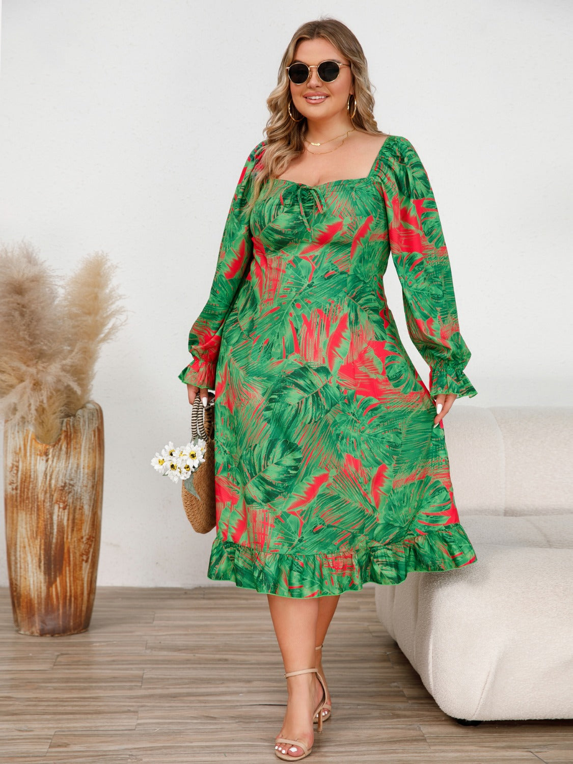 Plus Size Ruffled Square Neck Dress with Flounce Sleeves - TNT Trends 