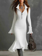 Ribbed Knit Zip Front Flare Hem Midi Dress