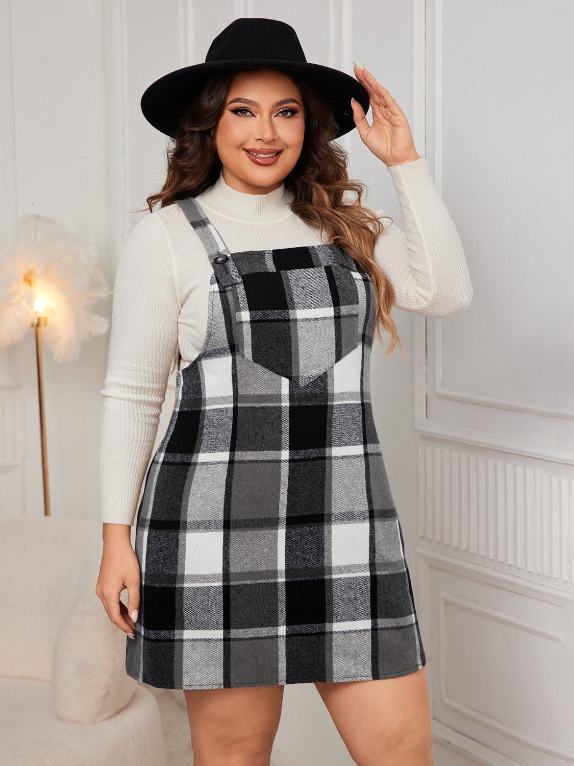 Plus Size Honey Plaid Wide Strap Overall Dress - TNT Dress Co.