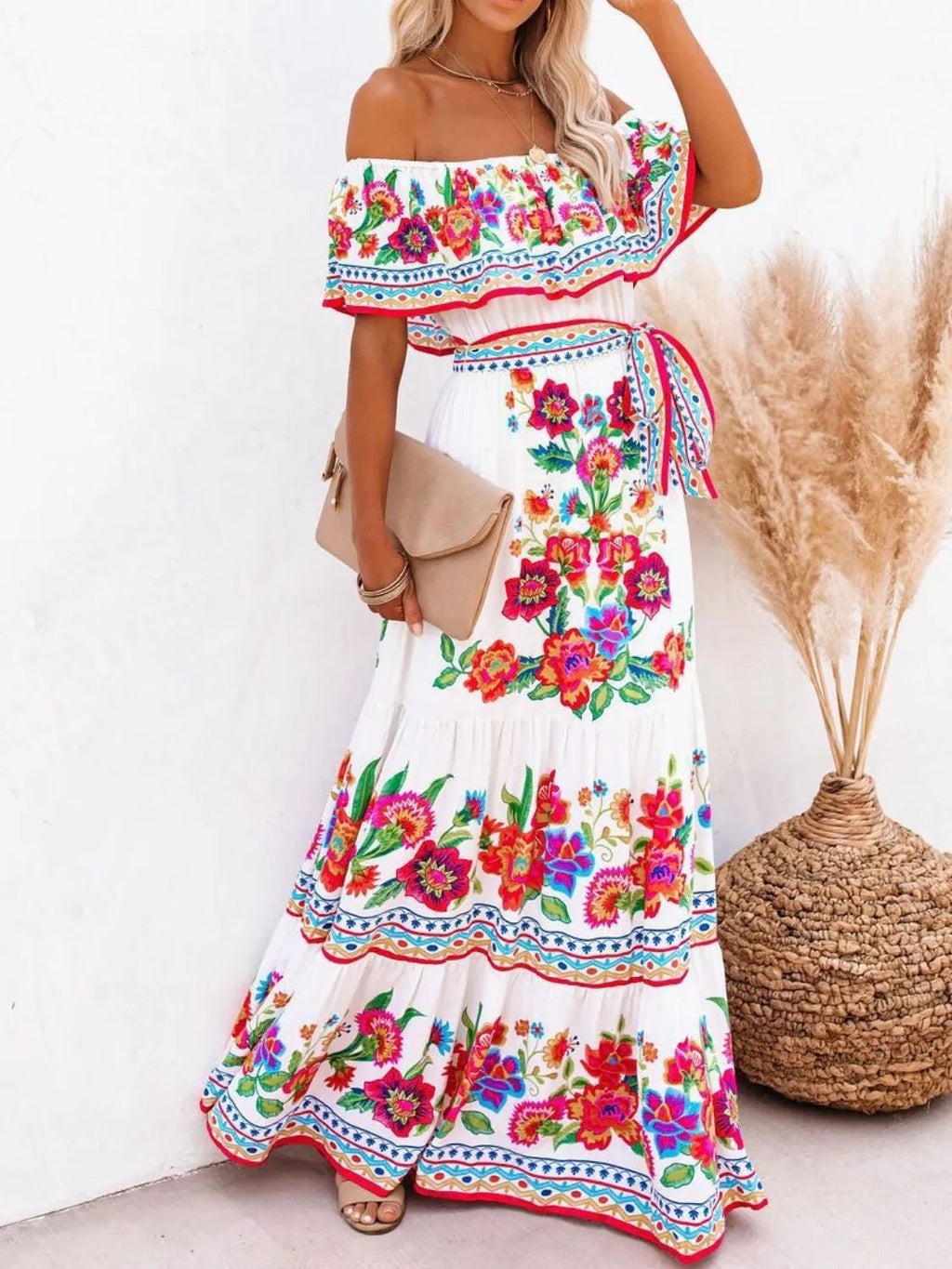 Floral Off Shoulder Ruffle Maxi Dress - TNT Dress Co.
