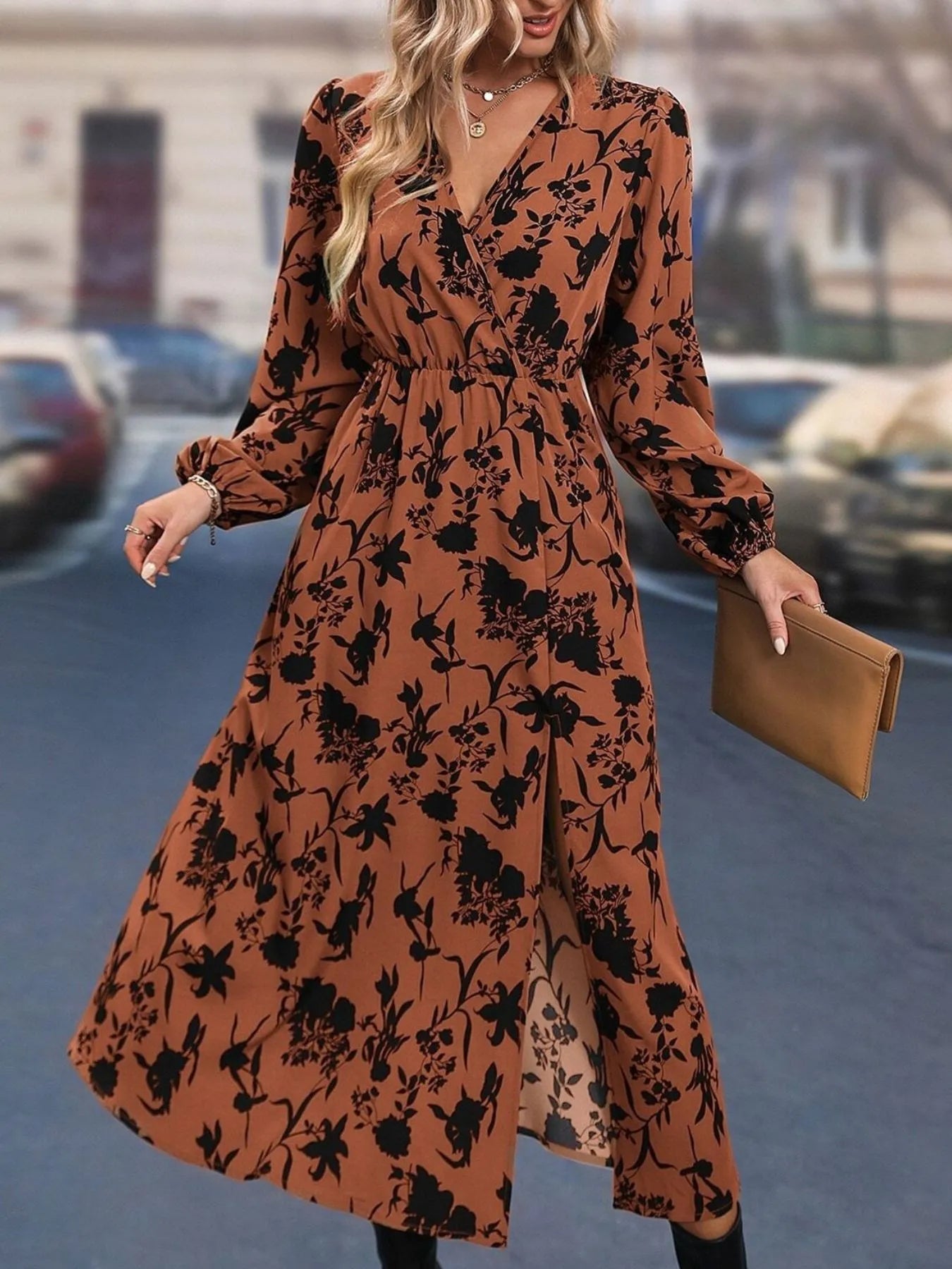 Printed Surplice Long Sleeve Dress - The Nicole - Tayan Dress Co.