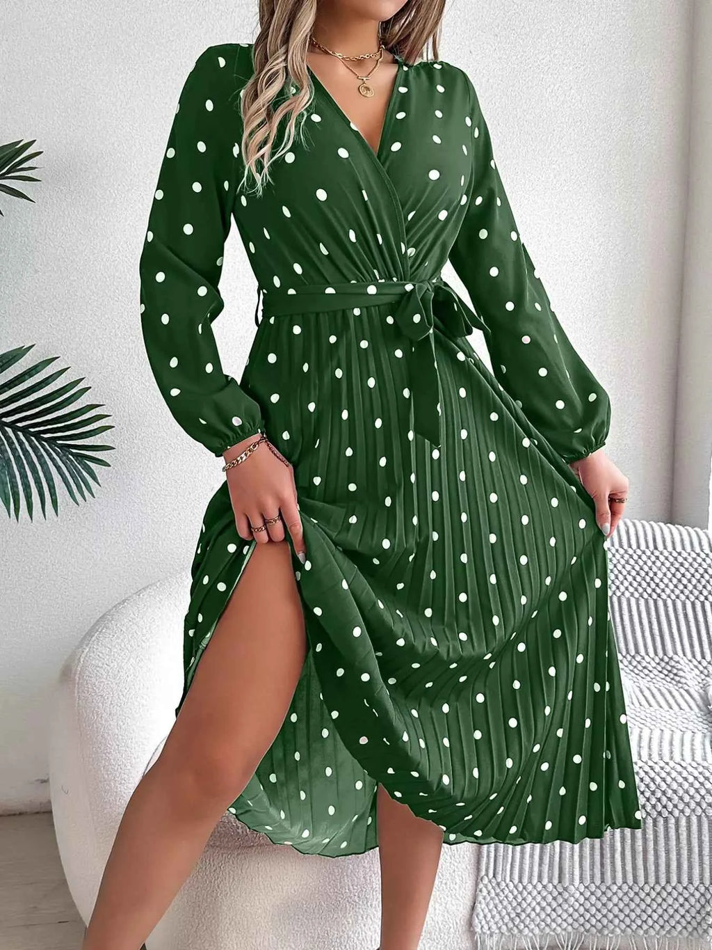 Long Sleeve Midi Pleated Dress