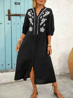 Embroidered Notched Half Sleeve Midi Dress - TNT Dress Co.