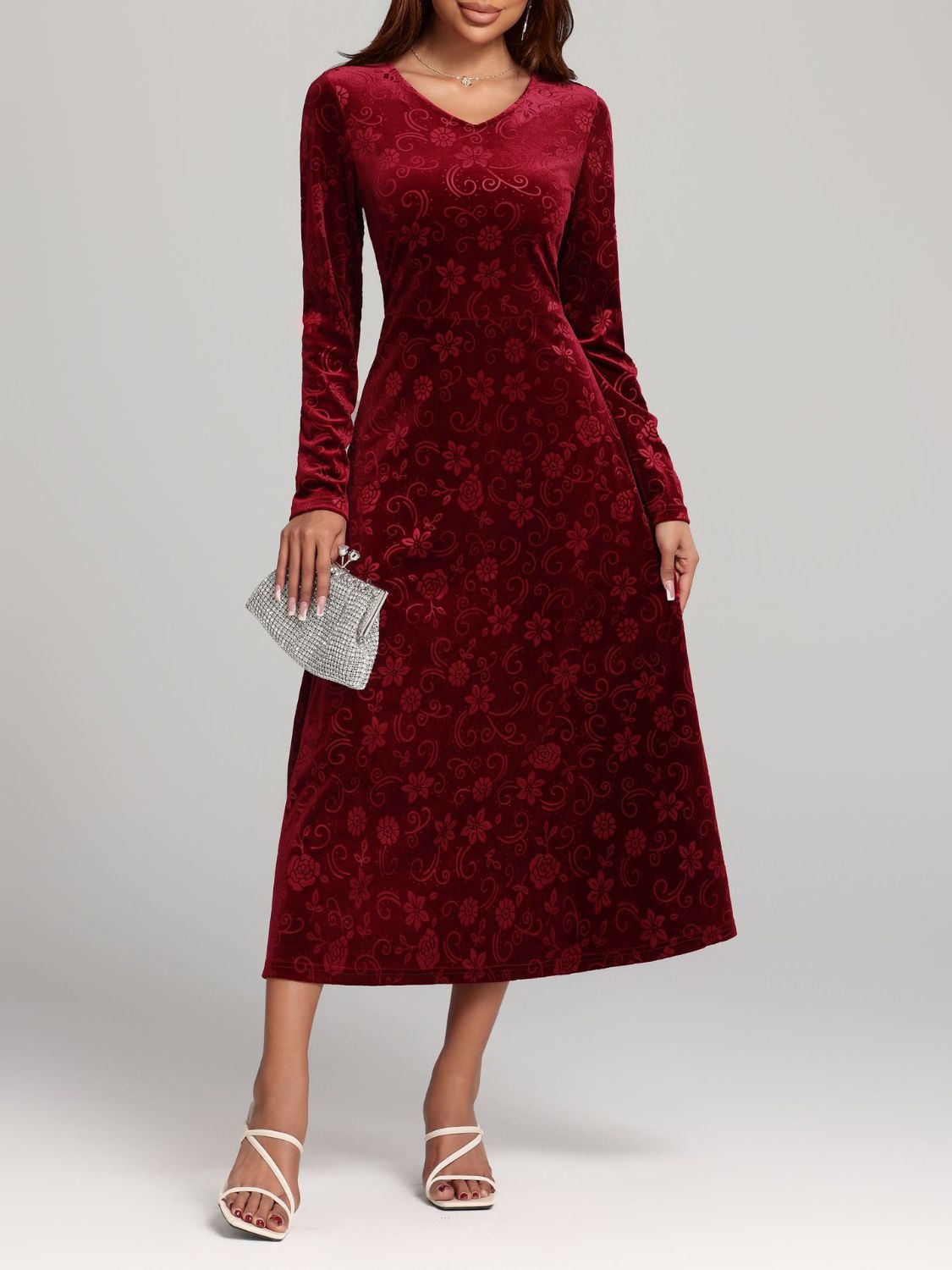 V - Neck Floral Print Long Sleeve Midi Dress - TNT Dress Co.