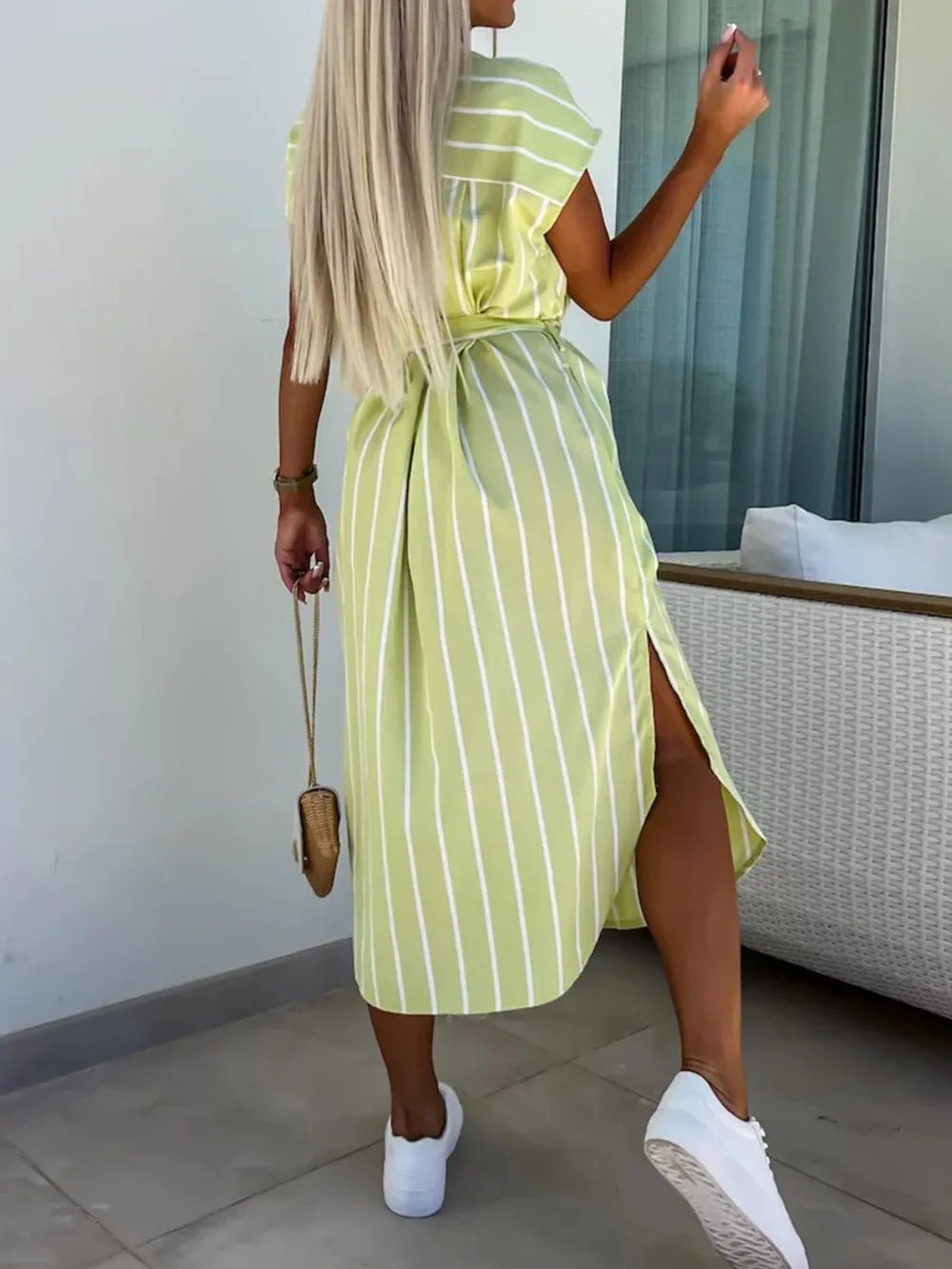 Striped Tie Waist Short Sleeve Dress - TNT Dress Co.