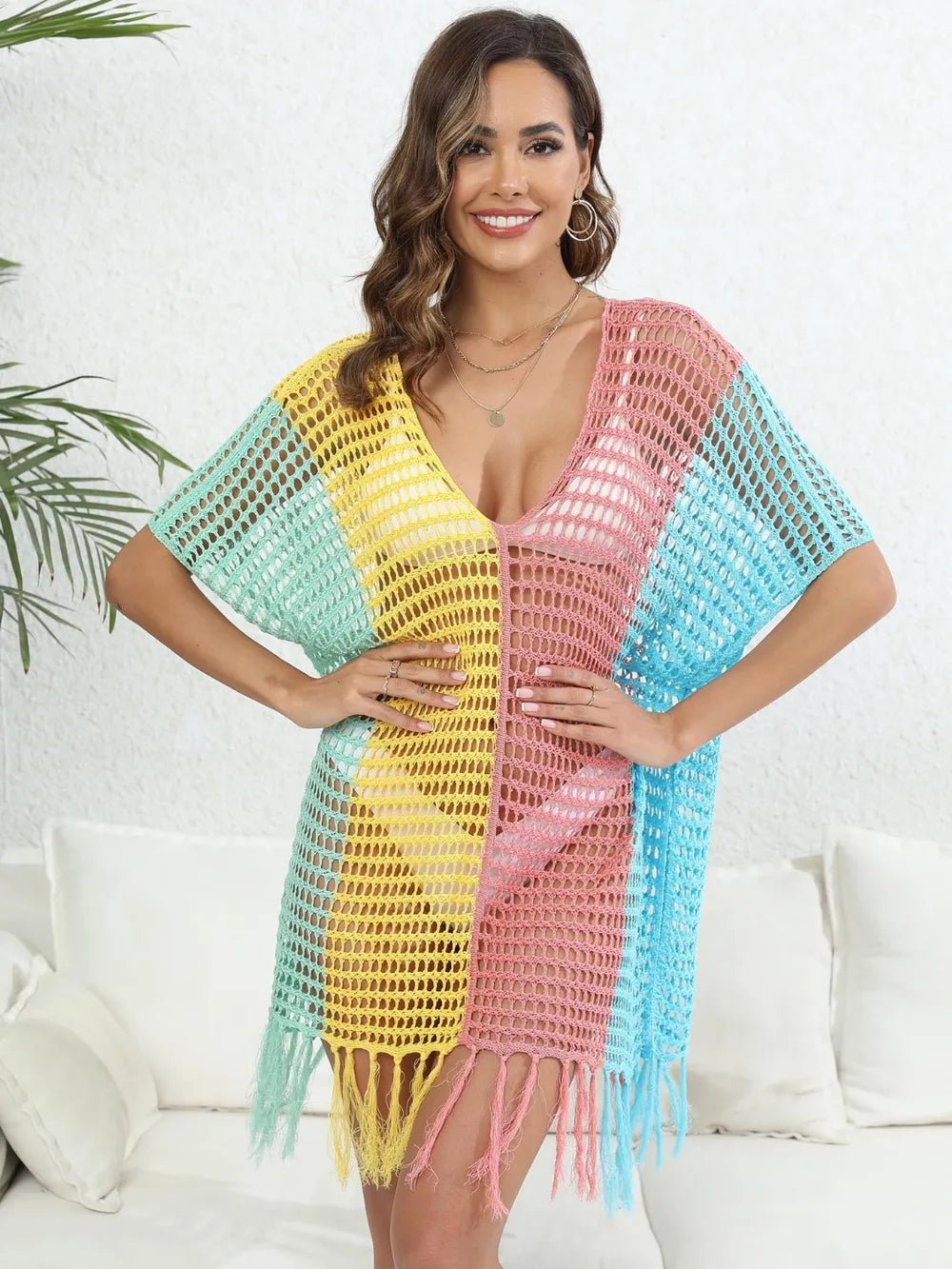 Fringe Color Block Scoop Neck Cover Up - TNT Dress Co.