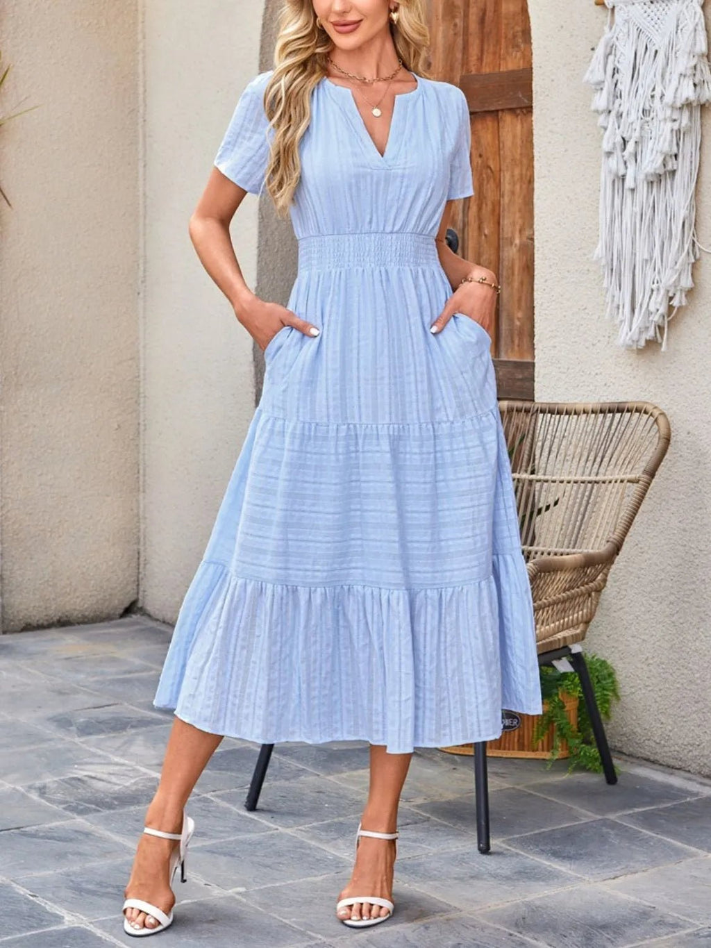 Tiered Notched Short Sleeve Dress - TNT Dress Co.