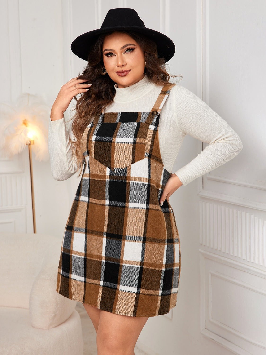 Plus Size Honey Plaid Wide Strap Overall Dress - TNT Dress Co.