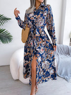 Printed Long Sleeve Midi Dress with Tied Detail - TNT Dress Co.