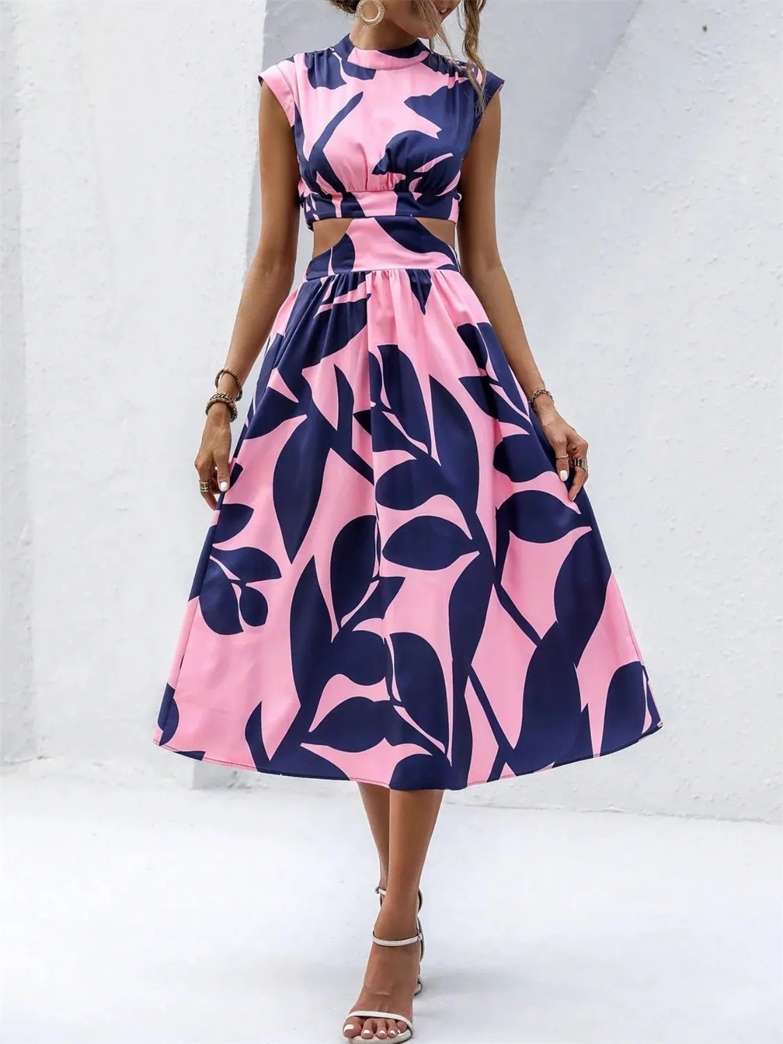 Cutout Printed Cap Sleeve Midi Dress - TNT Dress Co.