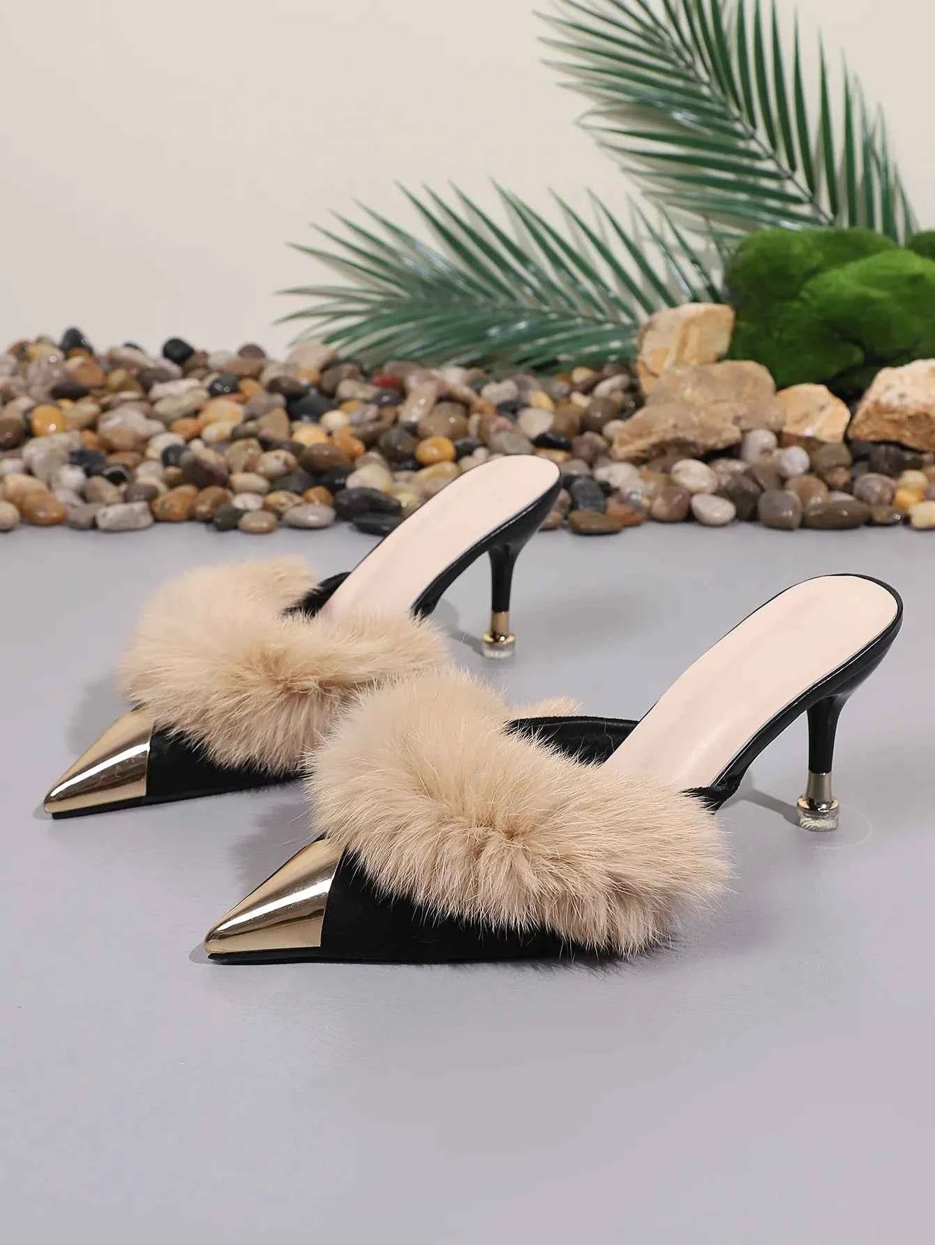 Fur-Trimmed Heel Sandals