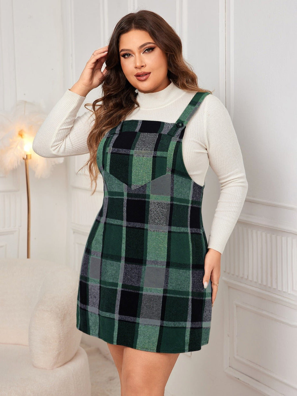 Plus Size Honey Plaid Wide Strap Overall Dress - TNT Dress Co.