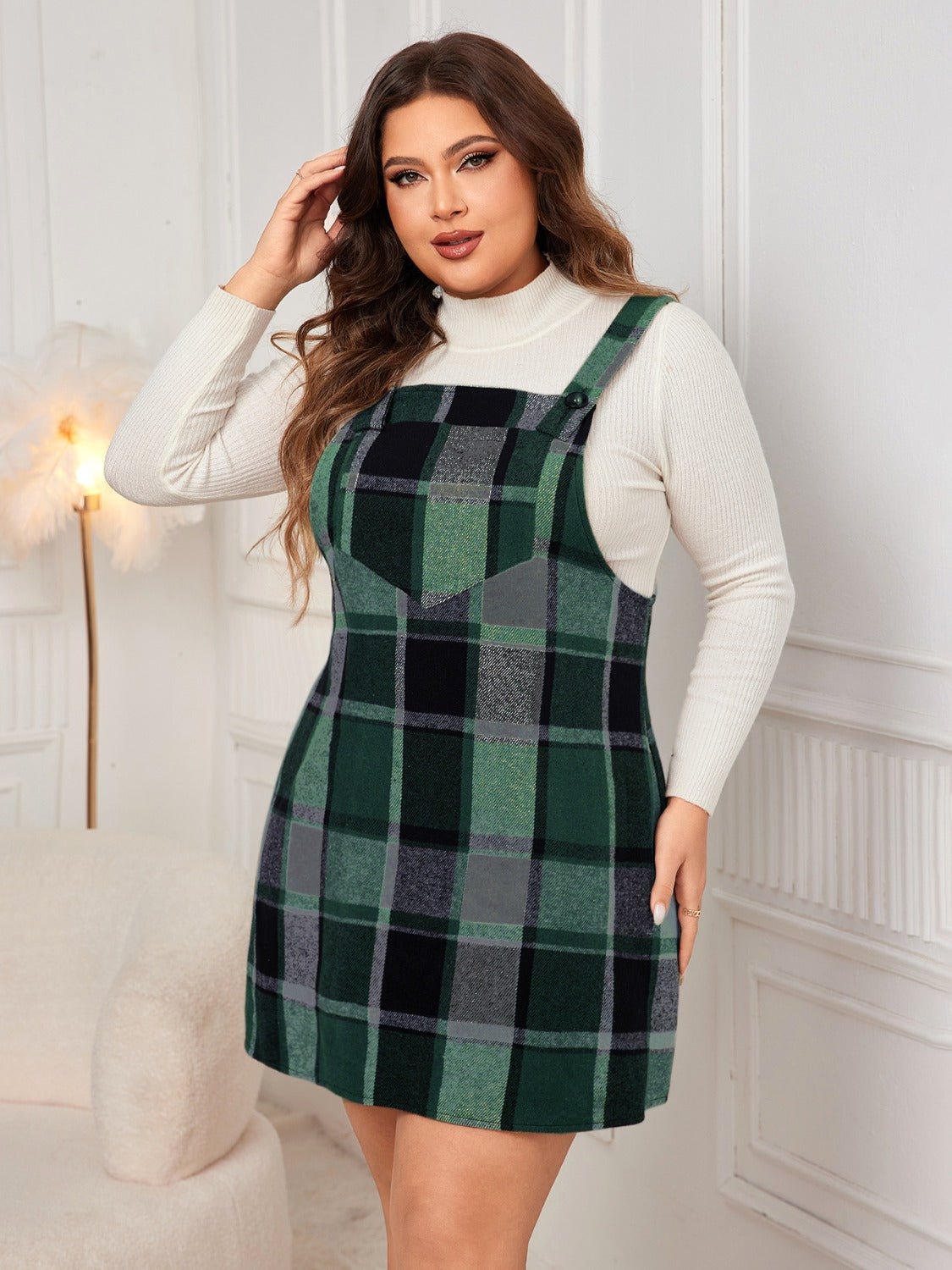 Plus Size Honey Plaid Wide Strap Overall Dress - TNT Dress Co.