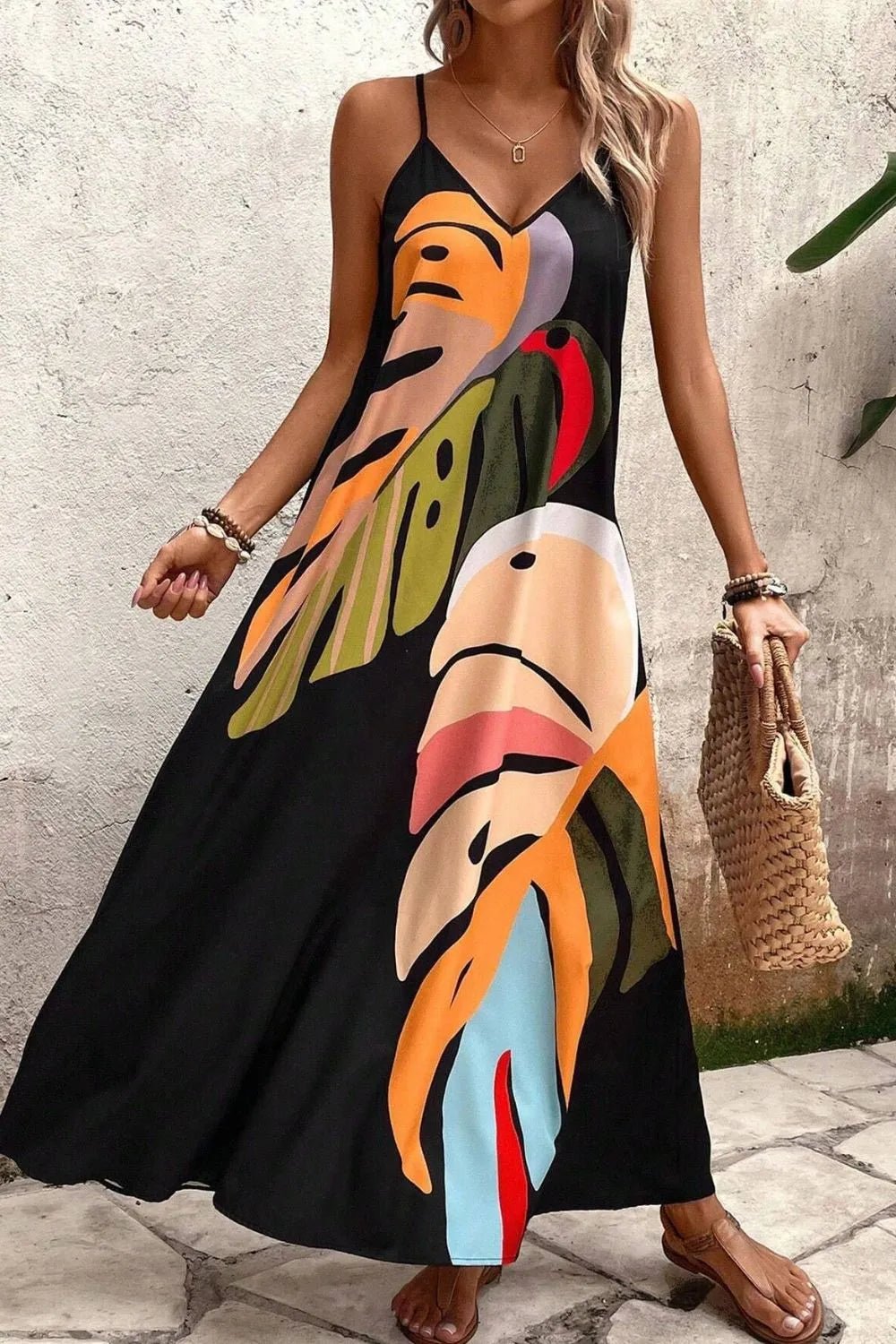 Tropical Leaf Print V - Neck Maxi Cami Dress - TNT Dress Co.