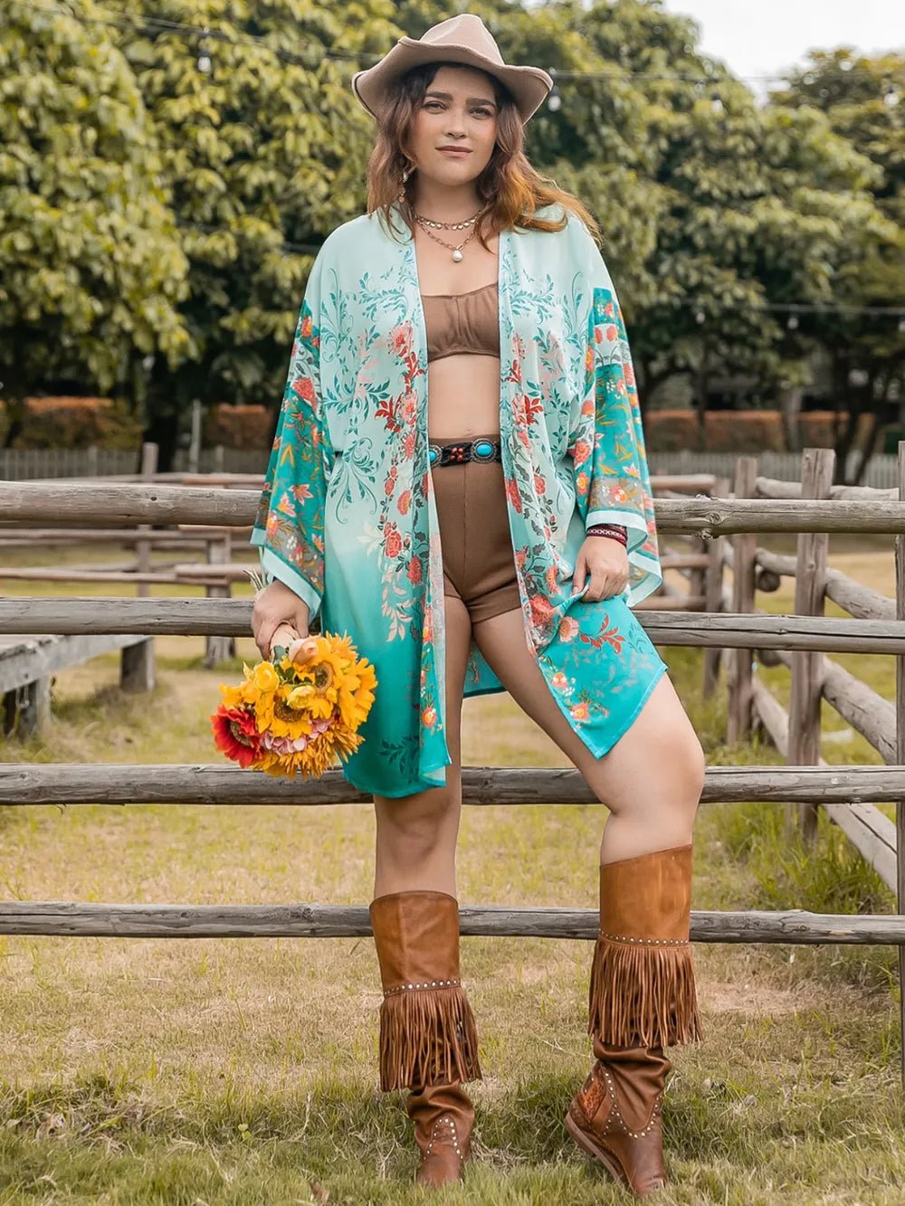 Plus Size Printed Open Front Long Sleeve Cover Up - TNT Dress Co.