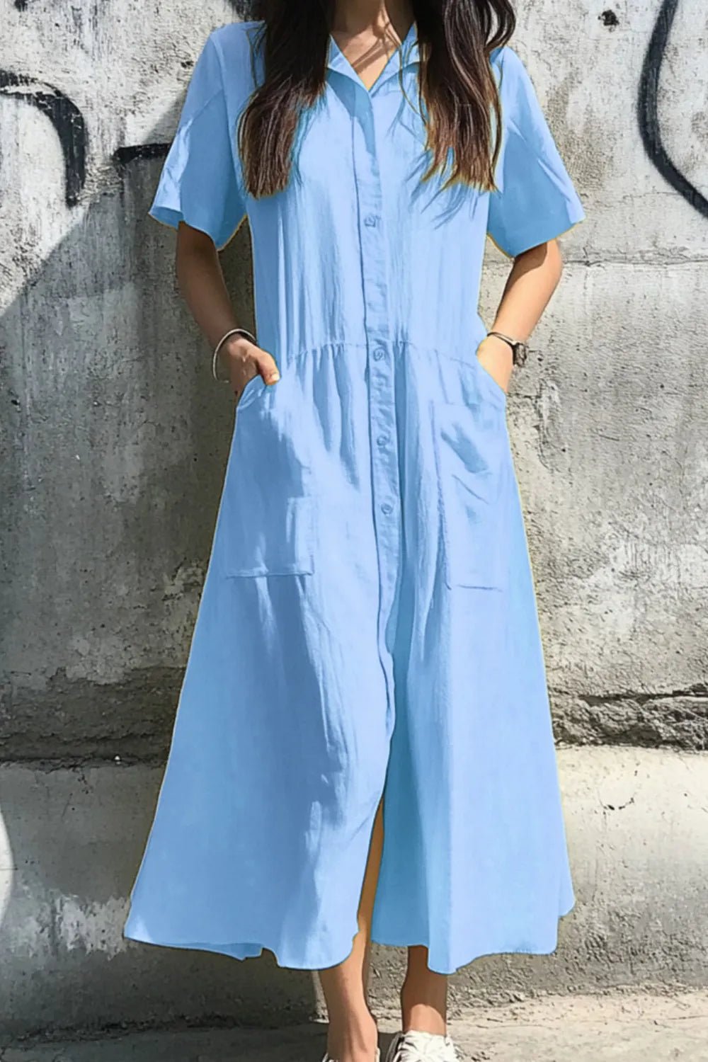 Button Front Short Sleeve Midi Dress - TNT Dress Co.