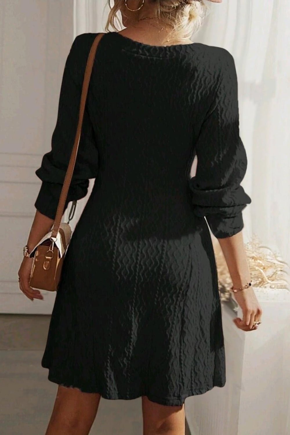 V - Neck Long Sleeve Textured Dress - TNT Dress Co.