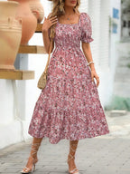 Floral Square Neck Short Sleeve Tiered Dress - TNT Dress Co.