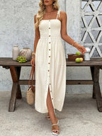 Smocked Button Front Tie Shoulder Dress - TNT Dress Co.