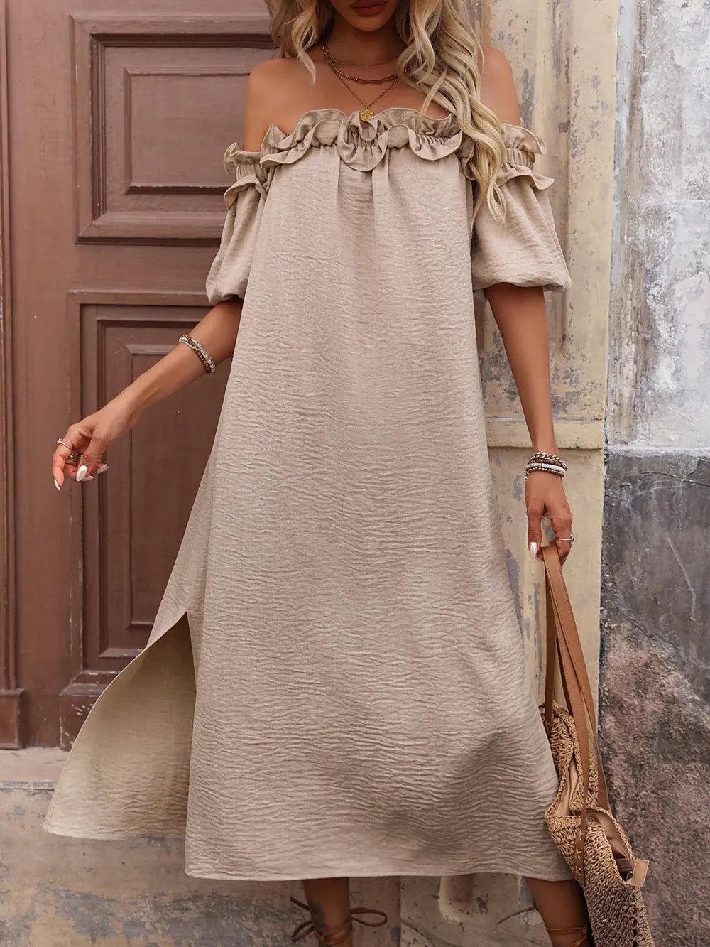 Ruffled Off - Shoulder Puff Sleeve Midi Dress - TNT Dress Co.