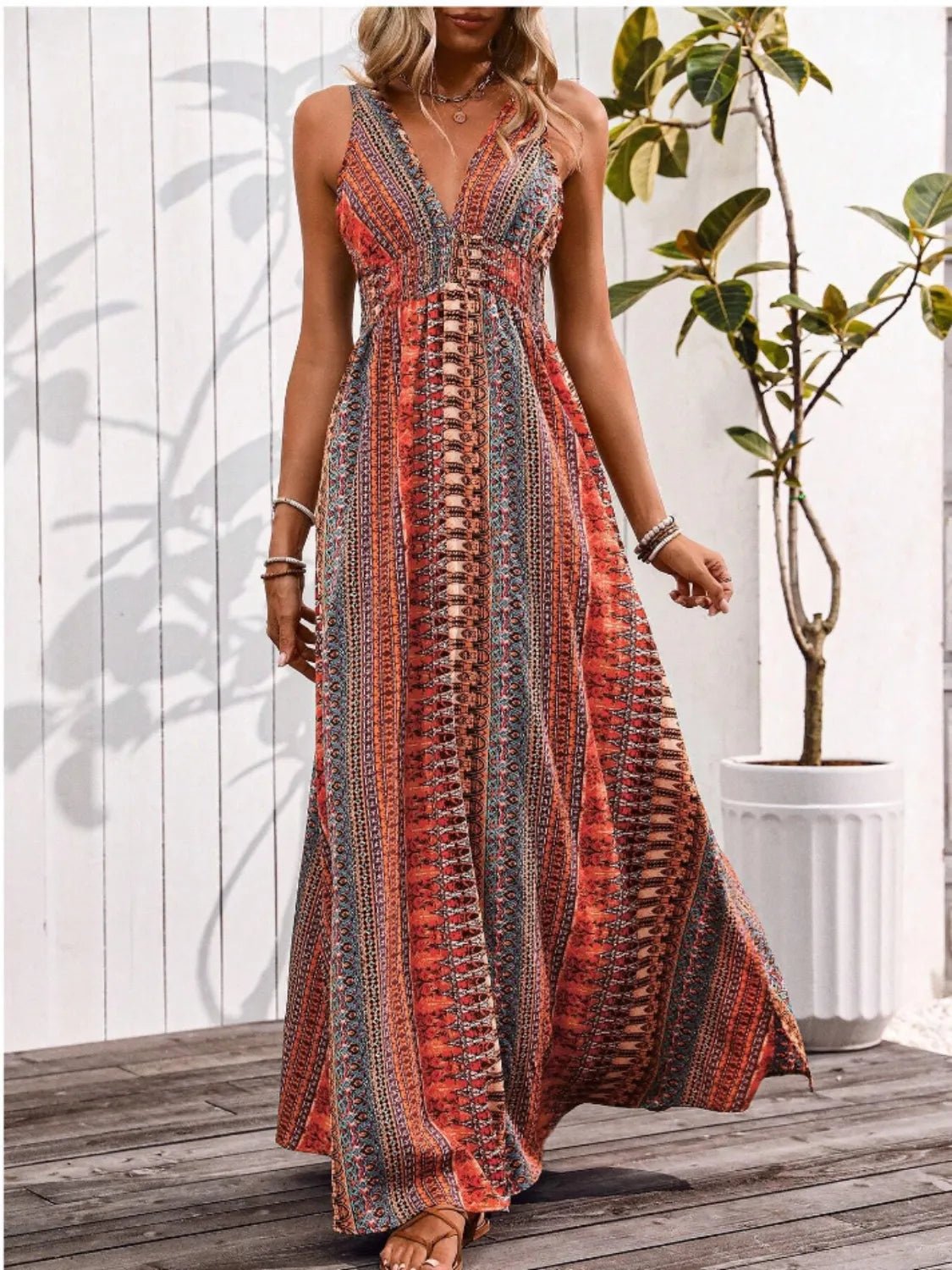 Tied Back Printed Sleeveless Maxi Slit Dress - TNT Dress Co.